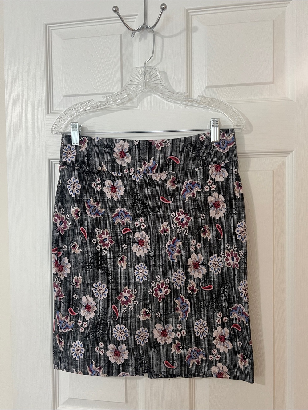 Margaret M Black Floral Stretch A-Line Mini Skirt with Pink & Purple Accents